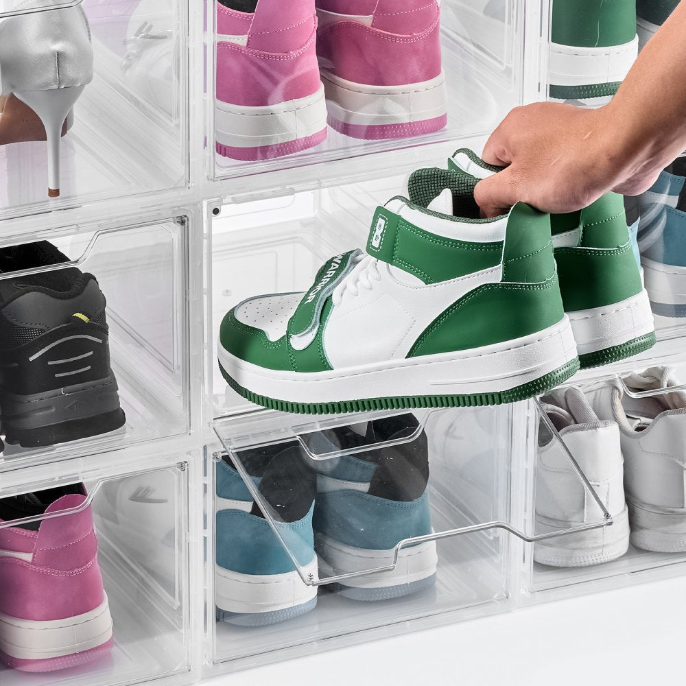VEVOR Shoe Storage Boxes, 9 Pack Clear Stackable Shoe Boxes Storage Organizers with Magnetic Door, Fit up to US Size 13, Plastic Sneaker Containers for High Heels, Boots, and Hats, Transparent White