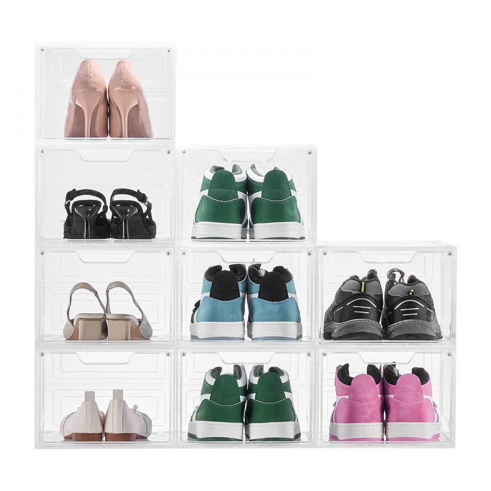 VEVOR Shoe Storage Boxes, 9 Pack Clear Stackable Shoe Boxes Storage Organizers with Magnetic Door, Fit up to US Size 13, Plastic Sneaker Containers for High Heels, Boots, and Hats, Transparent White