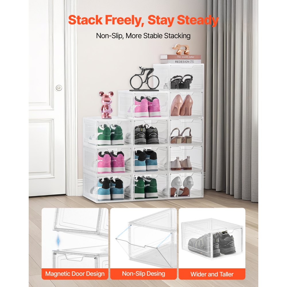 VEVOR Shoe Storage Boxes, 12 Pack Clear Stackable Shoe Boxes Storage Organizers with Magnetic Door, Fit up to US Size 13, Plastic Sneaker Containers for High Heels, Boots, and Hats, Transparent White