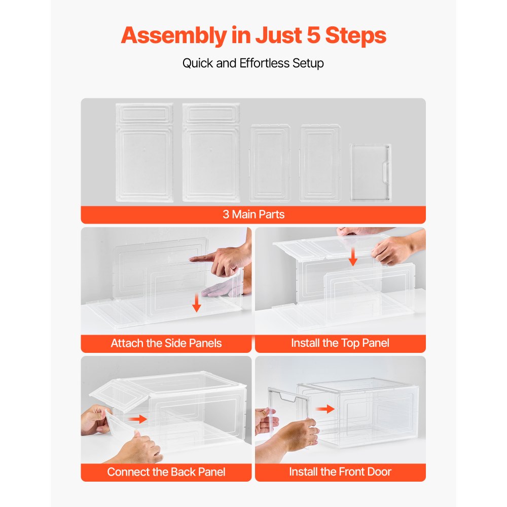 VEVOR Shoe Storage Boxes, 12 Pack Clear Stackable Shoe Boxes Storage Organizers with Magnetic Door, Fit up to US Size 13, Plastic Sneaker Containers for High Heels, Boots, and Hats, Transparent White