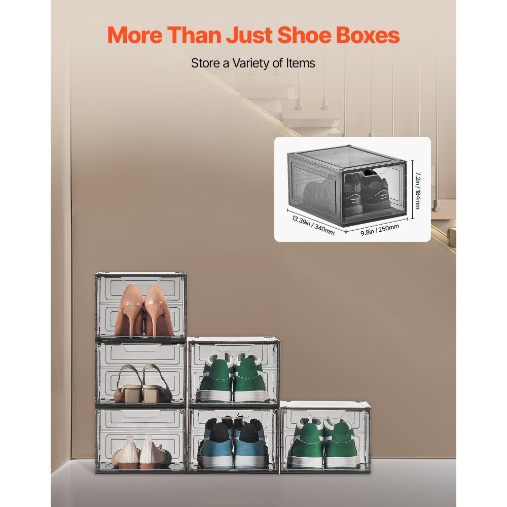VEVOR Shoe Storage Boxes, 6 Pack Clear Stackable Shoe Boxes Storage Organizers with Magnetic Door, Fit up to US Size 13, Plastic Sneaker Containers for High Heels, Boots, and Hats, Transparent Black