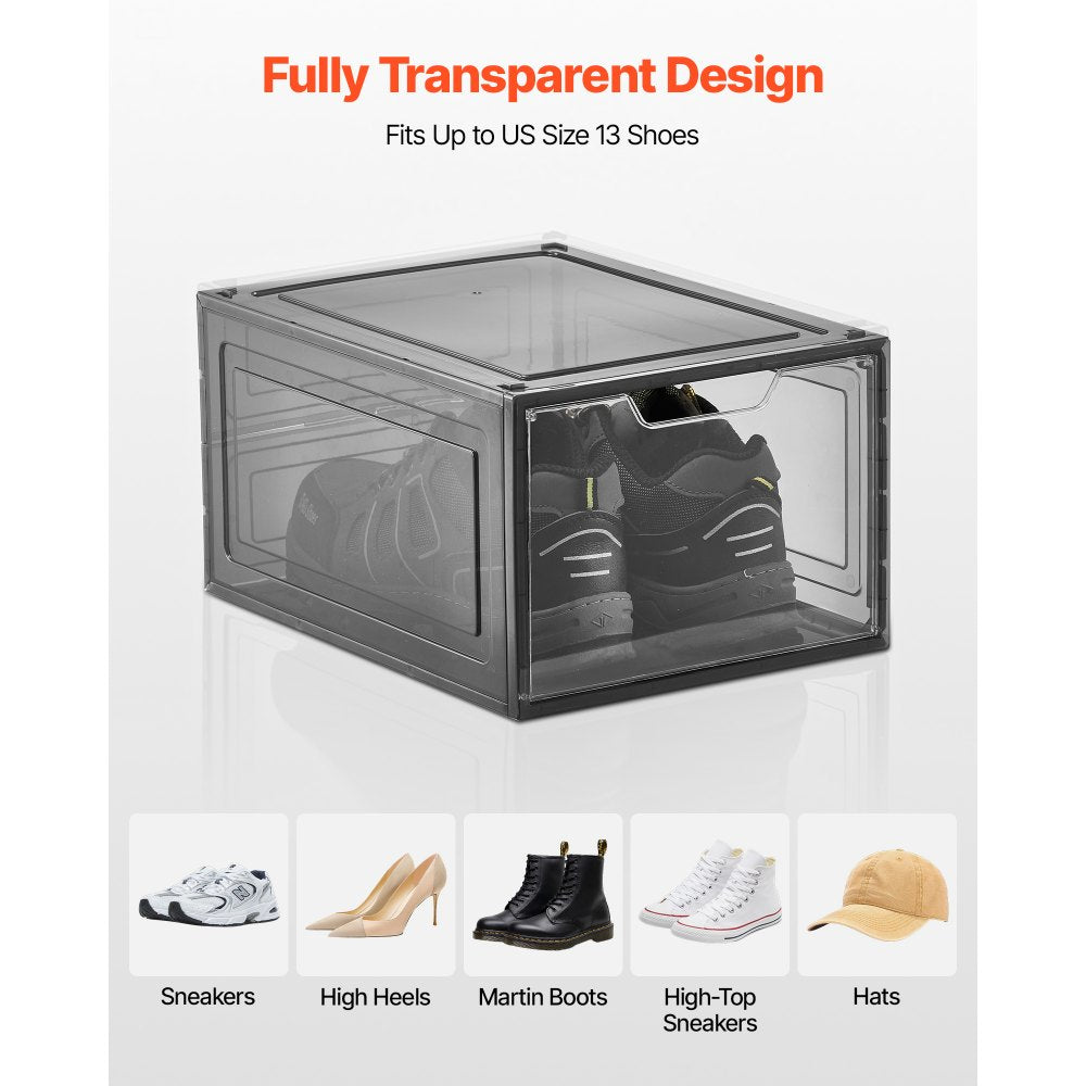 VEVOR Shoe Storage Boxes, 6 Pack Clear Stackable Shoe Boxes Storage Organizers with Magnetic Door, Fit up to US Size 13, Plastic Sneaker Containers for High Heels, Boots, and Hats, Transparent Black