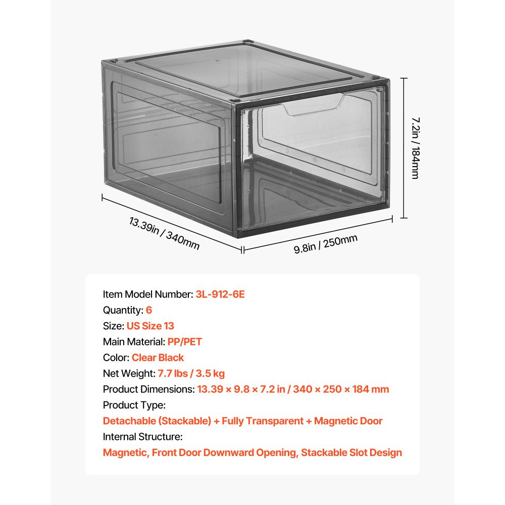 VEVOR Shoe Storage Boxes, 6 Pack Clear Stackable Shoe Boxes Storage Organizers with Magnetic Door, Fit up to US Size 13, Plastic Sneaker Containers for High Heels, Boots, and Hats, Transparent Black