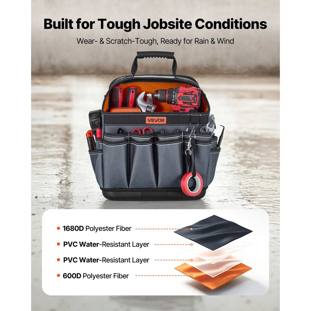 VEVOR Tool Bag, 13.2 Inch, 39-Pocket Open Top Tool Pouch, Portable Electrical Maintenance Toolbox Organizer Storage with Hard Plastic Base, Adjustable Shoulder Strap, for Professionals DIY & Jobsite
