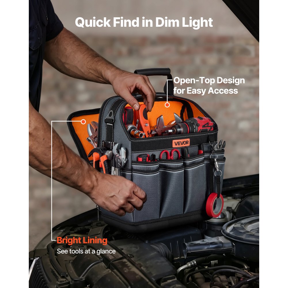 VEVOR Tool Bag, 13.2 Inch, 39-Pocket Open Top Tool Pouch, Portable Electrical Maintenance Toolbox Organizer Storage with Hard Plastic Base, Adjustable Shoulder Strap, for Professionals DIY & Jobsite