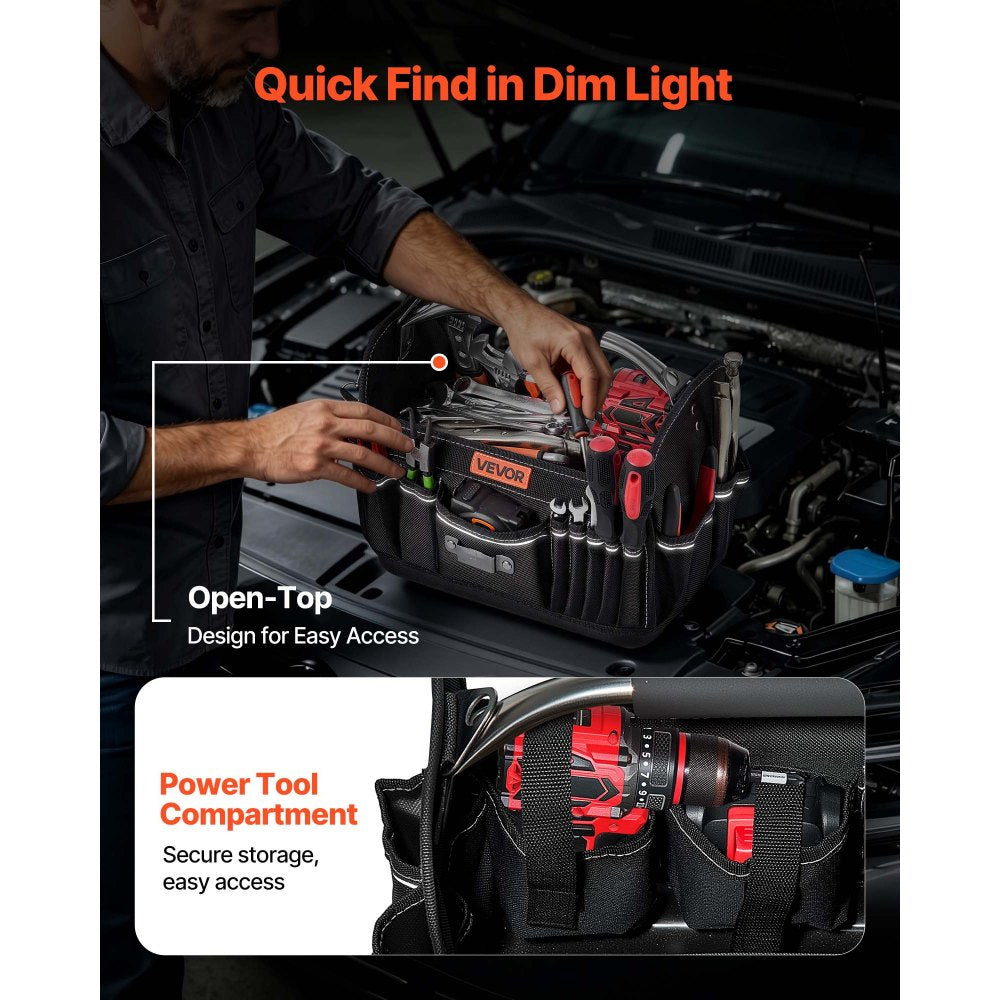 VEVOR Tool Bag, 13 Inch, 33-Pocket Open Top Tool Tote, Portable Electrical Maintenance Toolbox Organizer Storage with Hard Plastic Base, Adjustable Shoulder Strap, for Professionals DIY & Jobsite Use
