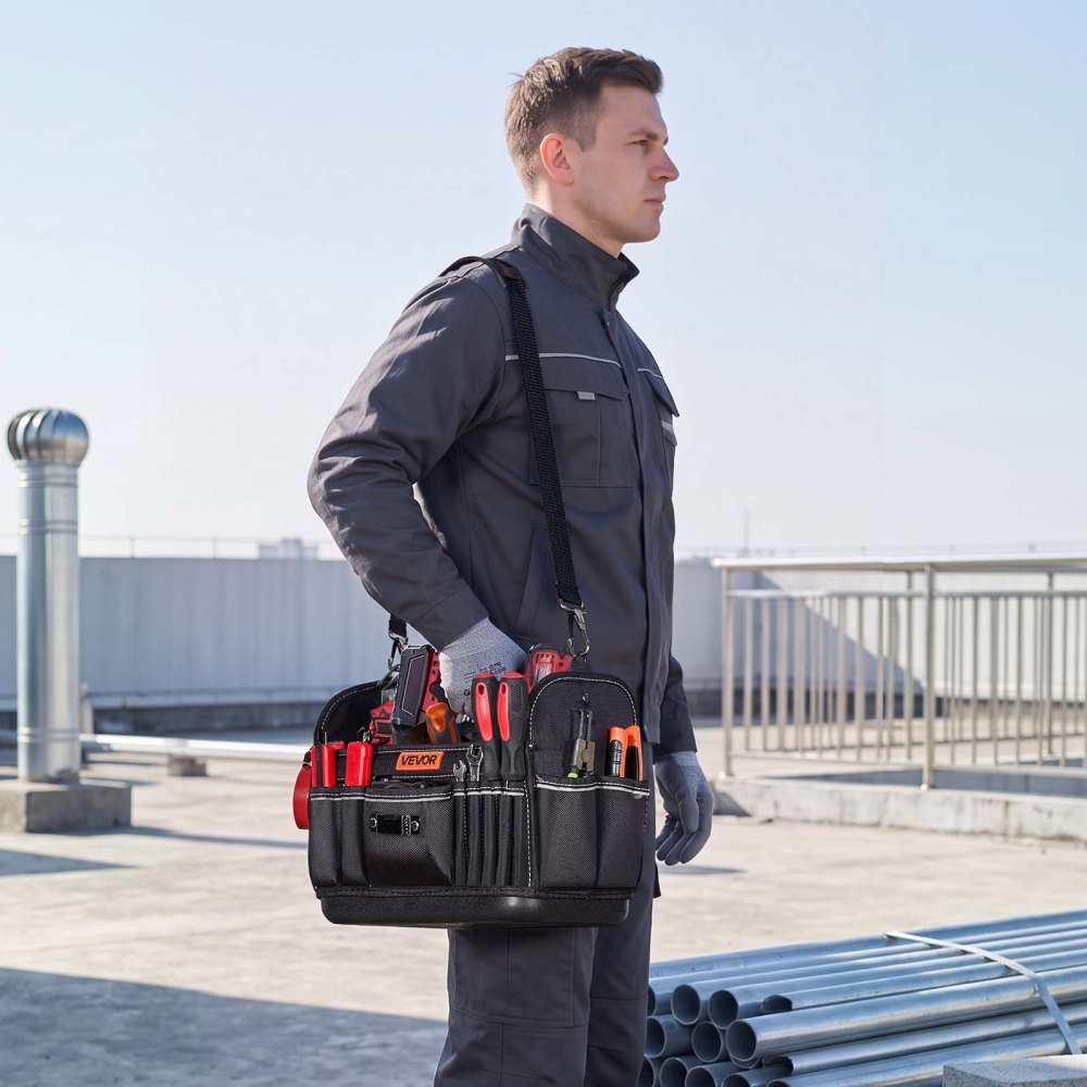VEVOR Tool Bag, 13 Inch, 33-Pocket Open Top Tool Tote, Portable Electrical Maintenance Toolbox Organizer Storage with Hard Plastic Base, Adjustable Shoulder Strap, for Professionals DIY & Jobsite Use