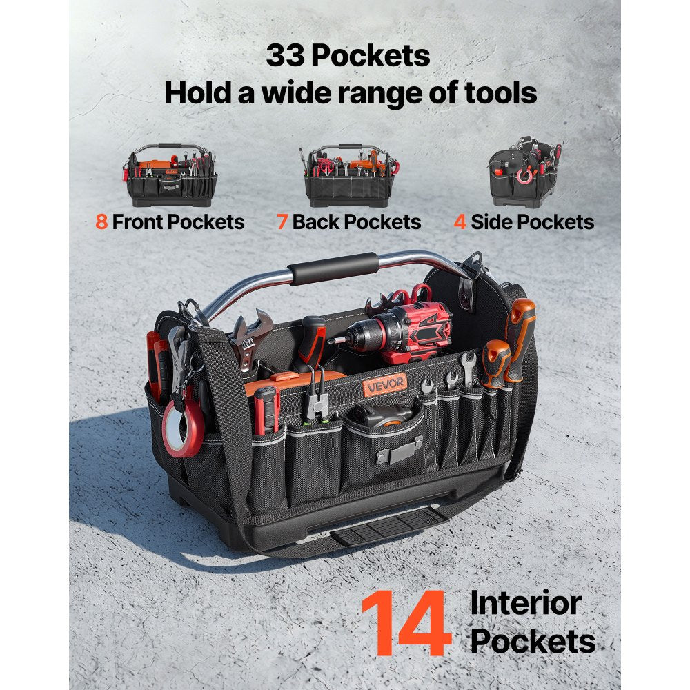 VEVOR Tool Bag, 16.1 Inch, 33-Pocket Open Top Tool Tote, Portable Electrical Maintenance Toolbox Organizer Storage with Hard Plastic Base, Adjustable Shoulder Strap, for Professionals DIY & Jobsite