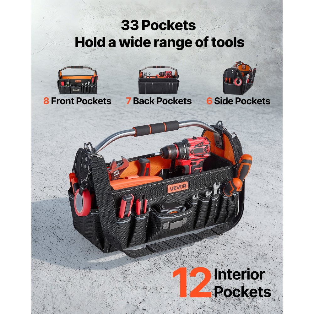 VEVOR Tool Bag, 16.1 Inch, 33-Pocket Open Top Tool Tote, Electrical Maintenance Toolbox Organizer Storage with Handle, Adjustable Shoulder Strap, Portable Toolbag, for Professionals DIY & Jobsite Use