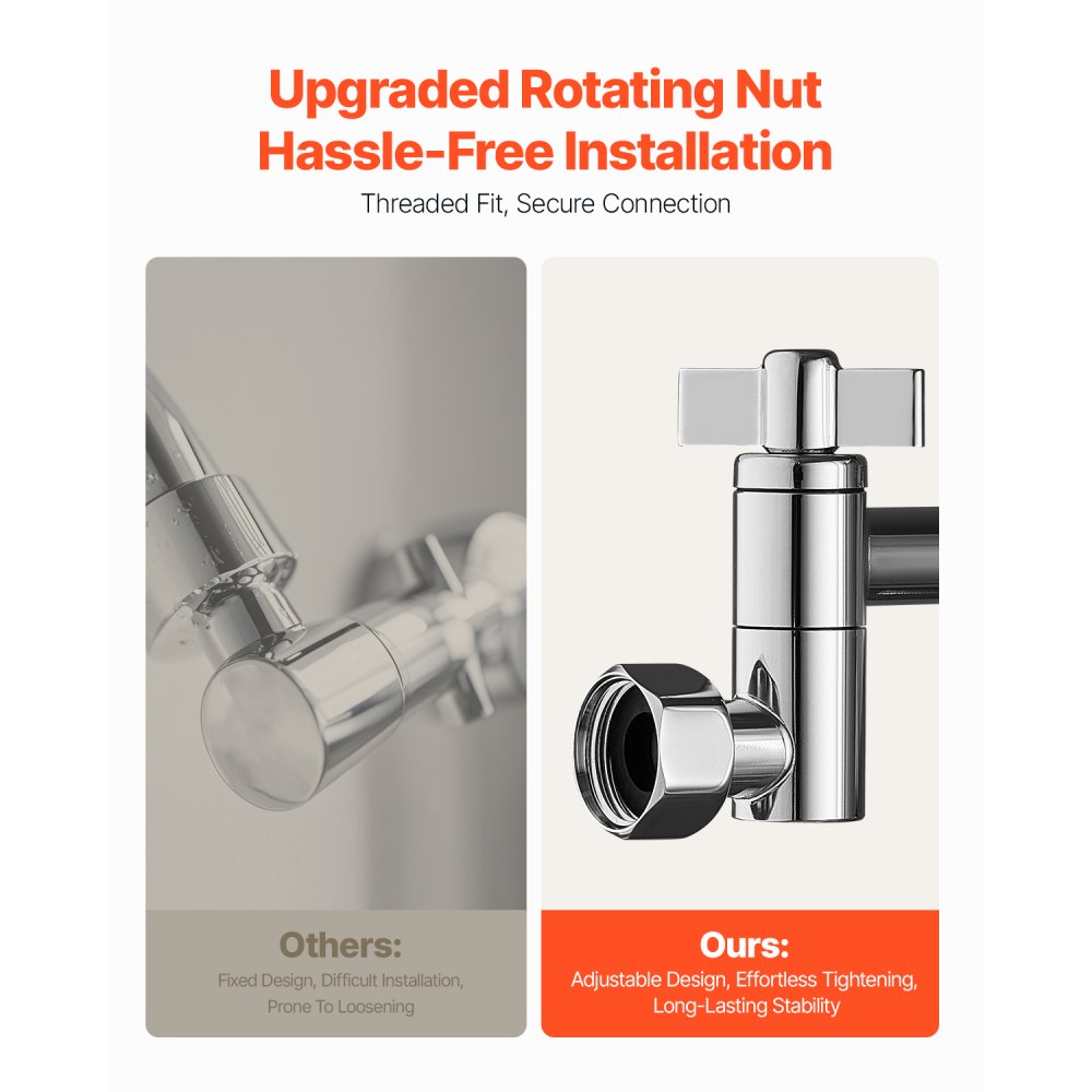 VEVOR Shower Head Extension Arm, 16 inches, Brass Shower Arm Extender with Flexible Adjustable Angle Height, Chrome Finish, G1/2 Universal Thread Connector Compatible, for Rain & Handheld Showerhead