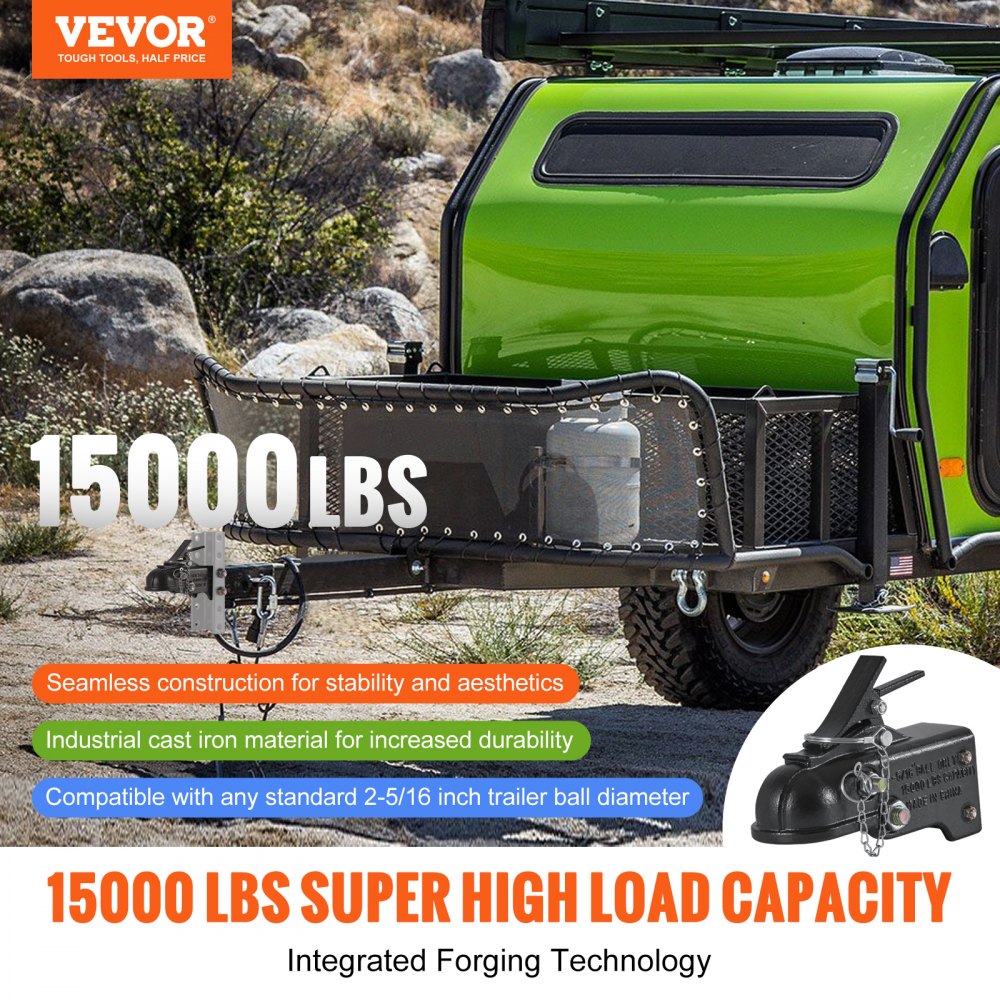 VEVOR Adjustable Trailer Coupler, 2-5/16" Hitch Ball, 15000 lbs Capacity, Heavy Duty Cast Channel-Mount Coupler with Hardware Kit, Ideal for Towing Station Wagons, Pickup Trucks, SUVs, Black Coating