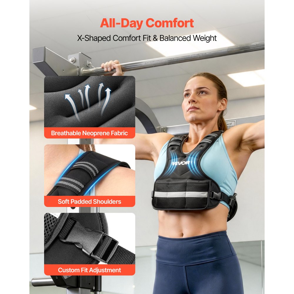 VEVOR Adjustable Weighted Vest, 4-10 lbs Comfortable X-Shape Body Weight Vest Set with 6 Weight Packs and Reflective Stripe, for Men Women, Workout Equipment for Strength Training Running Jogging