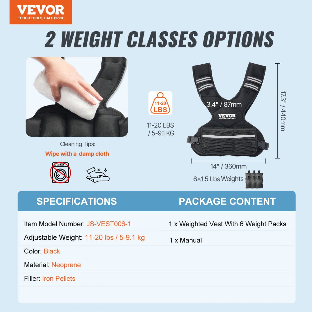 VEVOR Adjustable Weighted Vest, 11-20lb Weight Vest with 6 Ironsand Weights and  Reflective Stripe, Body Weight Vest Exercise Set for Men Women, Workout Equipment for Strength Training Running Jogging