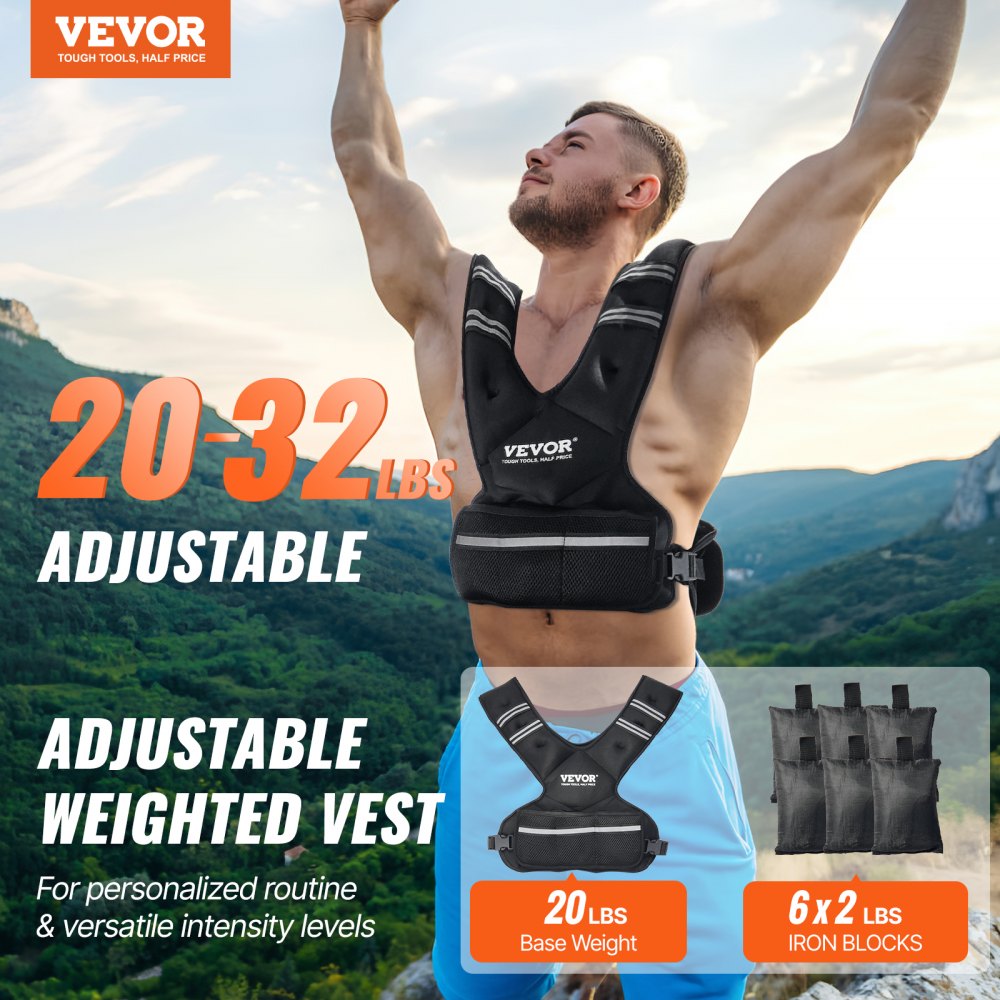 VEVOR Adjustable Weighted Vest, 20-32lb Weight Vest with 6 Ironsand Weights and  Reflective Stripe, Body Weight Vest Exercise Set for Men Women, Workout Equipment for Strength Training Running Jogging