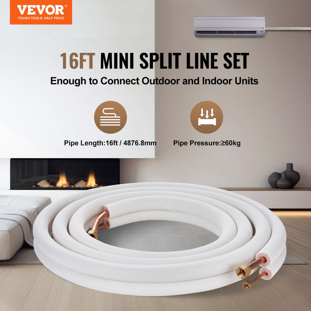VEVOR 16FT Mini Split Line Set, 1/4" & 1/2" O.D Copper Pipes Tubing and Triple-Layer Insulation, for Air Conditioning or Heating Pump Equipment & HVAC with Rich Accessories (18ft Connection Cable)