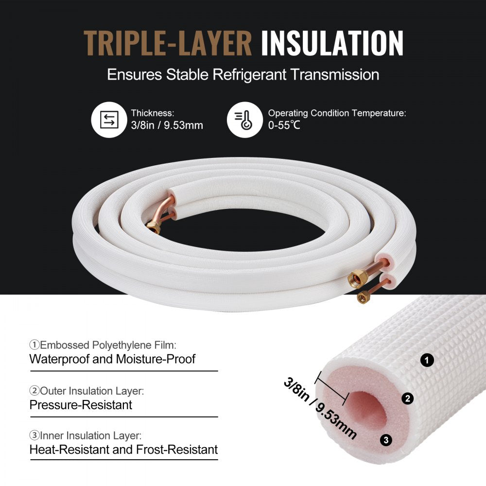 VEVOR 16FT Mini Split Line Set, 1/4" & 1/2" O.D Copper Pipes Tubing and Triple-Layer Insulation, for Air Conditioning or Heating Pump Equipment & HVAC with Rich Accessories (18ft Connection Cable)