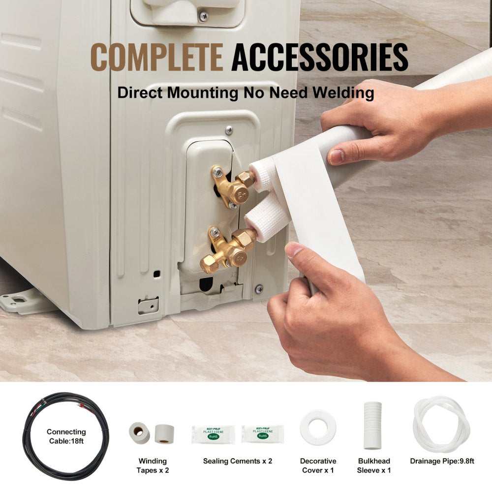 VEVOR 16FT Mini Split Line Set, 1/4" & 1/2" O.D Copper Pipes Tubing and Triple-Layer Insulation, for Air Conditioning or Heating Pump Equipment & HVAC with Rich Accessories (18ft Connection Cable)