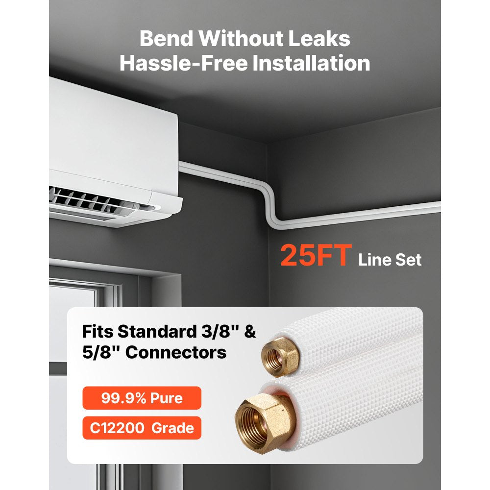 VEVOR 25ft Mini Split Line Set, 3/8” & 5/8” OD AC Copper Tubing Pipe, 3/8 White PE Thickened Insulated Coil with Flared Nuts, Rich Fittings, for Mini Split Air Conditioner HVAC or Heat Pump System