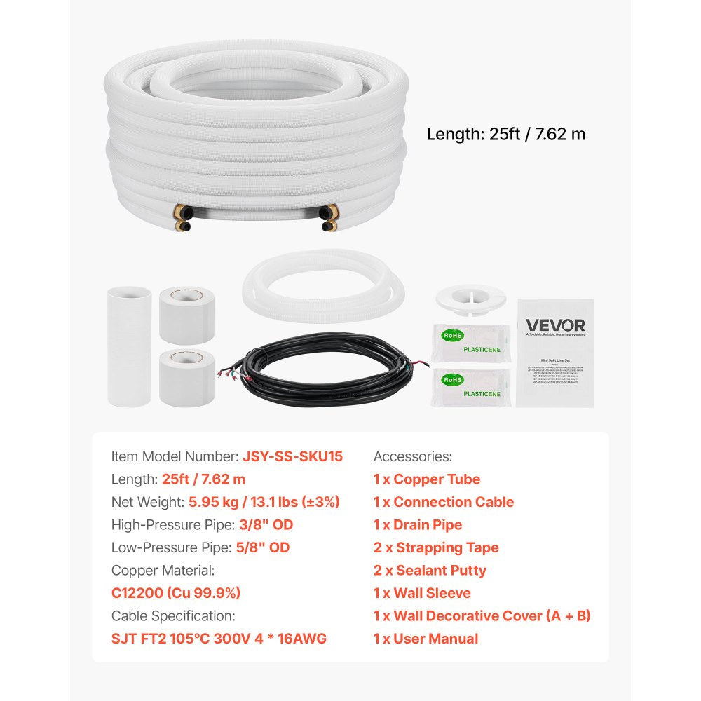 VEVOR 25ft Mini Split Line Set, 3/8” & 5/8” OD AC Copper Tubing Pipe, 3/8 White PE Thickened Insulated Coil with Flared Nuts, Rich Fittings, for Mini Split Air Conditioner HVAC or Heat Pump System