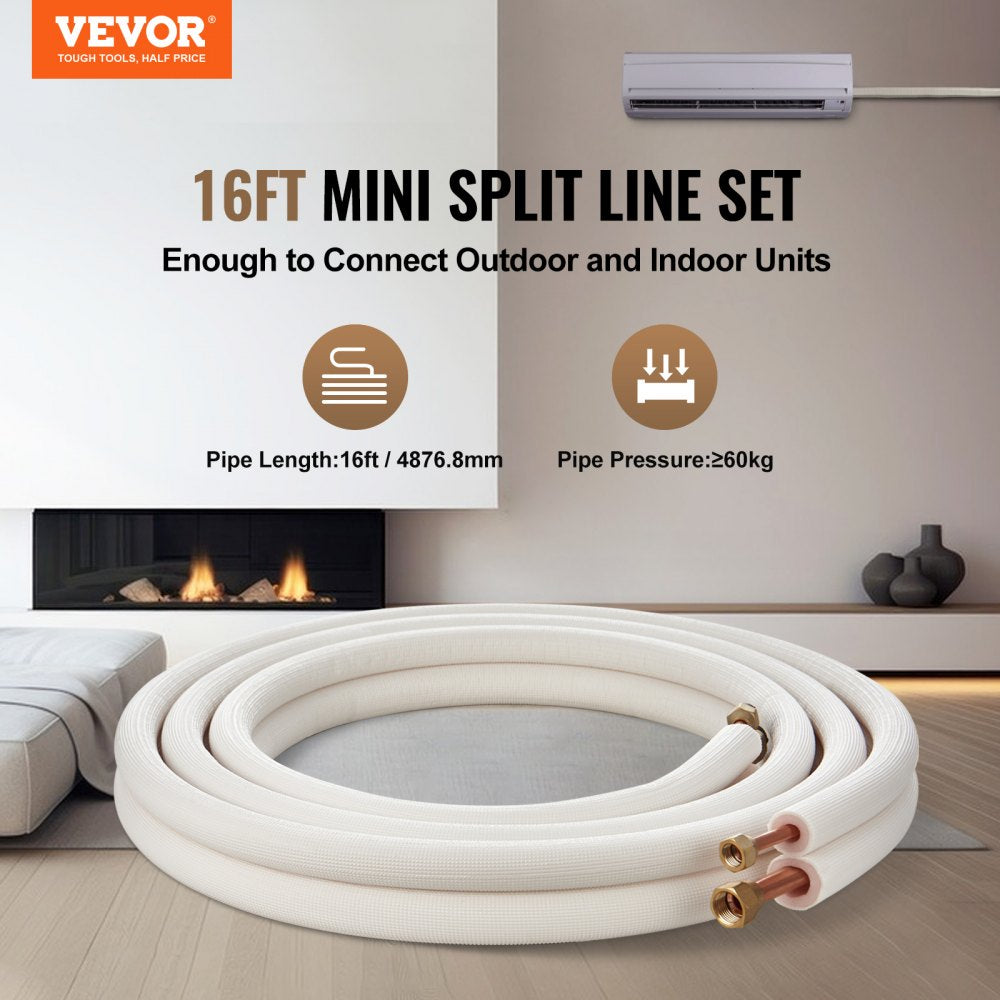 VEVOR 16FT Mini Split Line Set, 3/8" & 5/8" O.D Copper Pipes Tubing and Triple-Layer Insulation, for Air Conditioning or Heating Pump Equipment & HVAC with Rich Accessories (18ft Connection Cable)