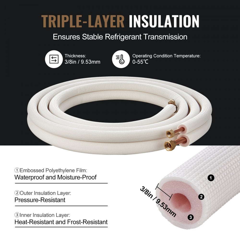 VEVOR 16FT Mini Split Line Set, 3/8" & 5/8" O.D Copper Pipes Tubing and Triple-Layer Insulation, for Air Conditioning or Heating Pump Equipment & HVAC with Rich Accessories (18ft Connection Cable)