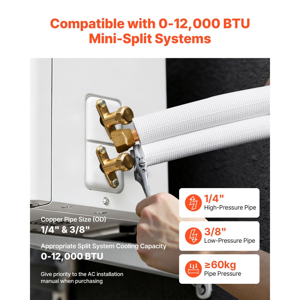 VEVOR 50ft Mini Split Line Set, 1/4” & 3/8” OD AC Copper Tubing Pipe, 3/8 White PE Thickened Insulated Coil with Flared Nuts, Rich Fittings, for Mini Split Air Conditioner HVAC or Heat Pump System
