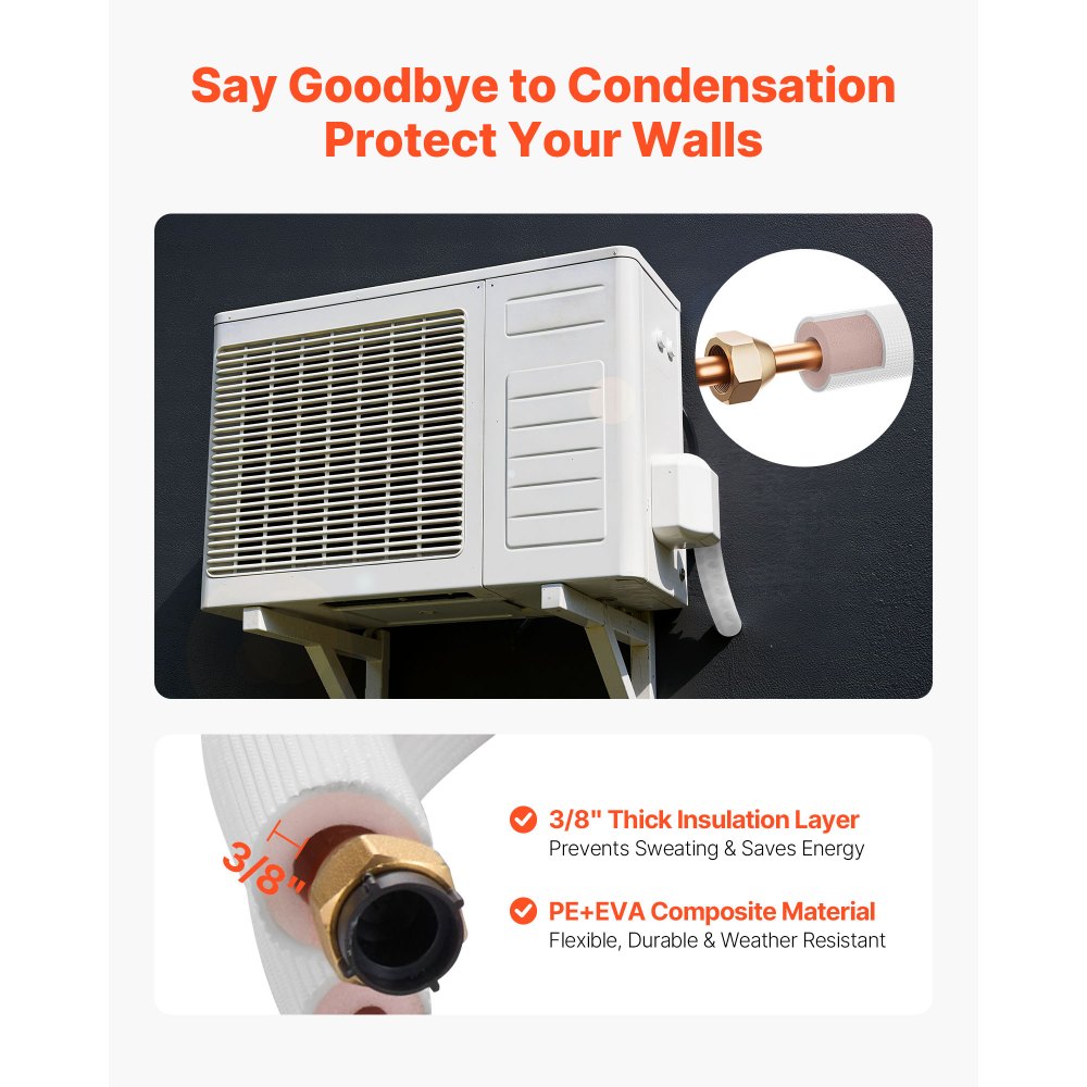VEVOR 50ft Mini Split Line Set, 1/4” & 1/2” OD AC Copper Tubing Pipe, 3/8 White PE Thickened Insulated Coil with Flared Nuts, Strapping Tapes, for Mini Split Air Conditioner HVAC or Heat Pump System