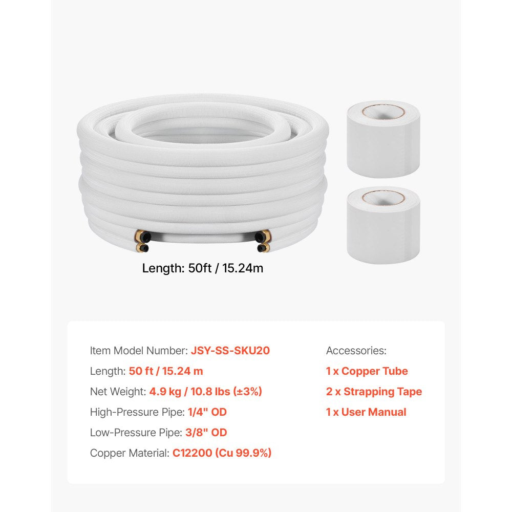 VEVOR 50ft Mini Split Line Set, 1/4” & 3/8” OD AC Copper Tubing Pipe, 3/8 White PE Thickened Insulated Coil with Flared Nuts, Strapping Tapes, for Mini Split Air Conditioner HVAC or Heat Pump System