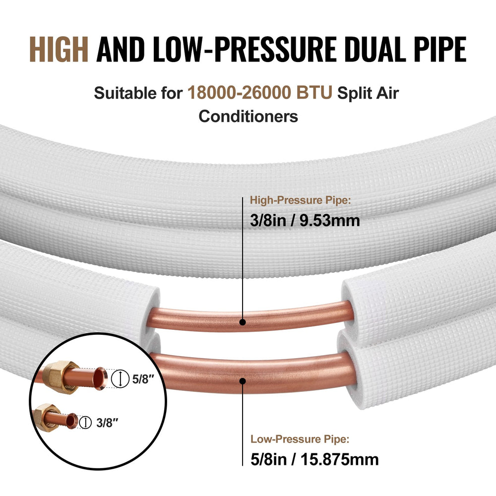 VEVOR 25FT Mini Split Line Set, 3/8" & 5/8" O.D Copper Pipes Tubing and Triple-Layer Insulation, for Mini Split Air Conditioning Refrigerant or Heating Pump Equipment & HVAC with Wrapping Strips.
