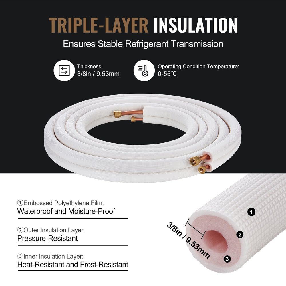 VEVOR 25FT Mini Split Line Set, 3/8" & 5/8" O.D Copper Pipes Tubing and Triple-Layer Insulation, for Mini Split Air Conditioning Refrigerant or Heating Pump Equipment & HVAC with Wrapping Strips.