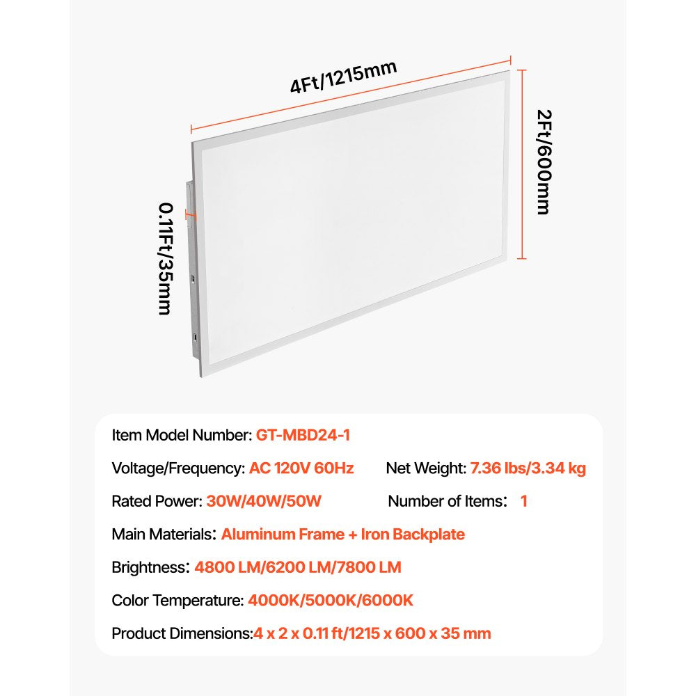VEVOR 2x4 FT LED Flat Panel Light, 7800 LM, Flush Mount LED Drop Ceiling Lighting Fixture with 3 Color Selectable 4000K/5000K/6000K, 30W/40W/50W, 0-10V Dimmable, Ultra Slim for Home Office Kitchen