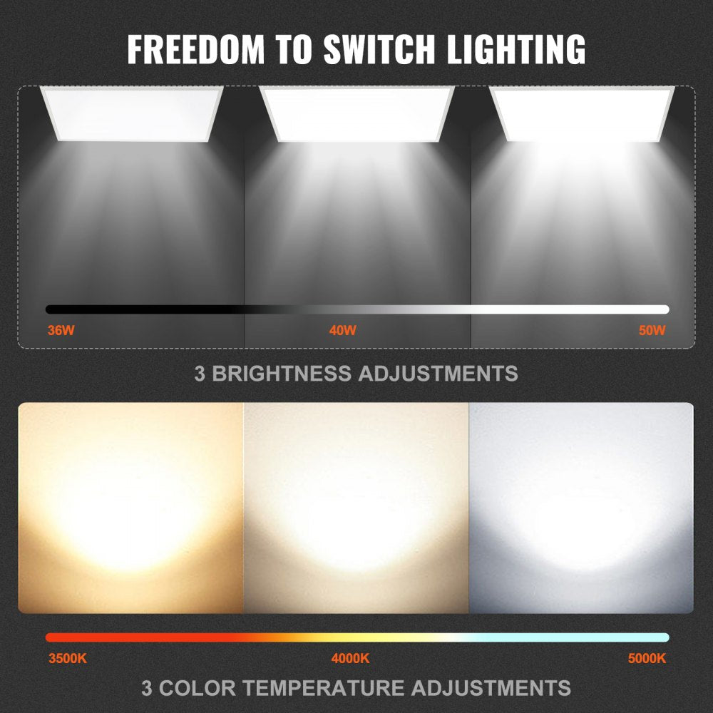 VEVOR 2 Pack 2x4FT LED Flat Panel Light, 6000LM 50W, Surface Mount LED Drop Ceiling Light Fixture with Adjustable Color Temperature 3500K/4000K/5000K, for Home Office Classroom, Tested to UL Standards