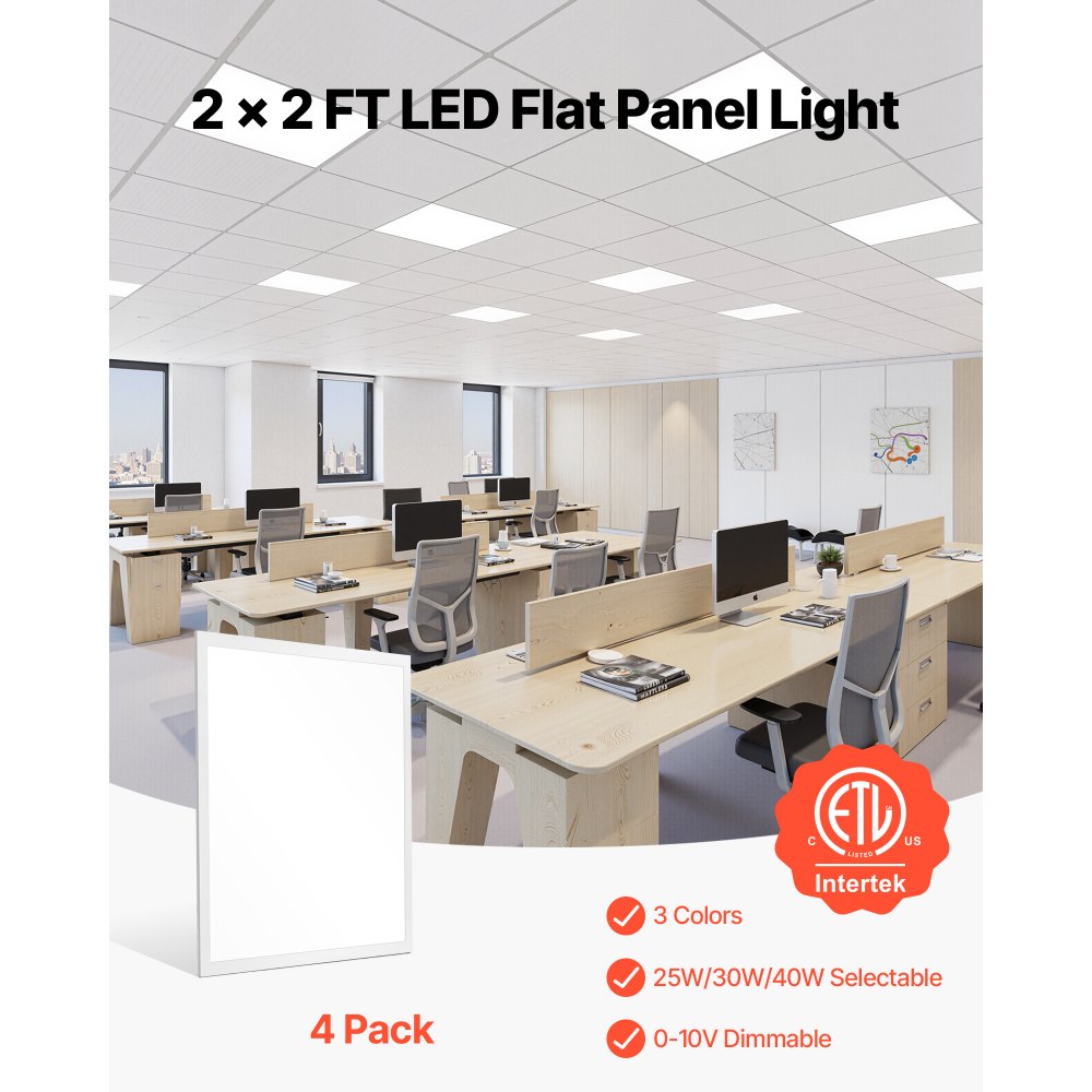 VEVOR 2x2 FT LED Flat Panel Light, 5700 LM, Flush Mount LED Drop Ceiling Lighting Fixture with 3 Color Selectable 3000K/4000K/5000K, 25W/30W/40W, 0-10V Dimmable, Ultra Slim for Home Kitchen, 4 Pack