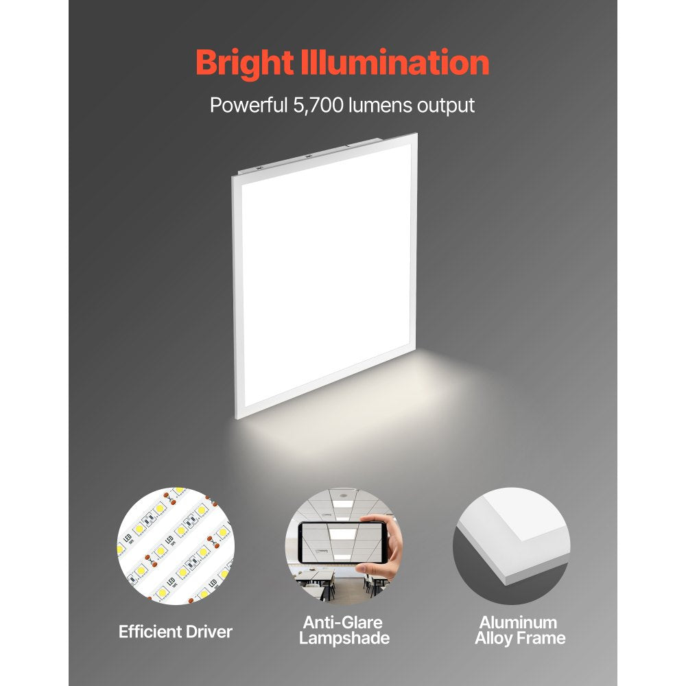 VEVOR 2x2 FT LED Flat Panel Light, 5700 LM, Flush Mount LED Drop Ceiling Lighting Fixture with 3 Color Selectable 3000K/4000K/5000K, 25W/30W/40W, 0-10V Dimmable, Ultra Slim for Home Kitchen, 4 Pack