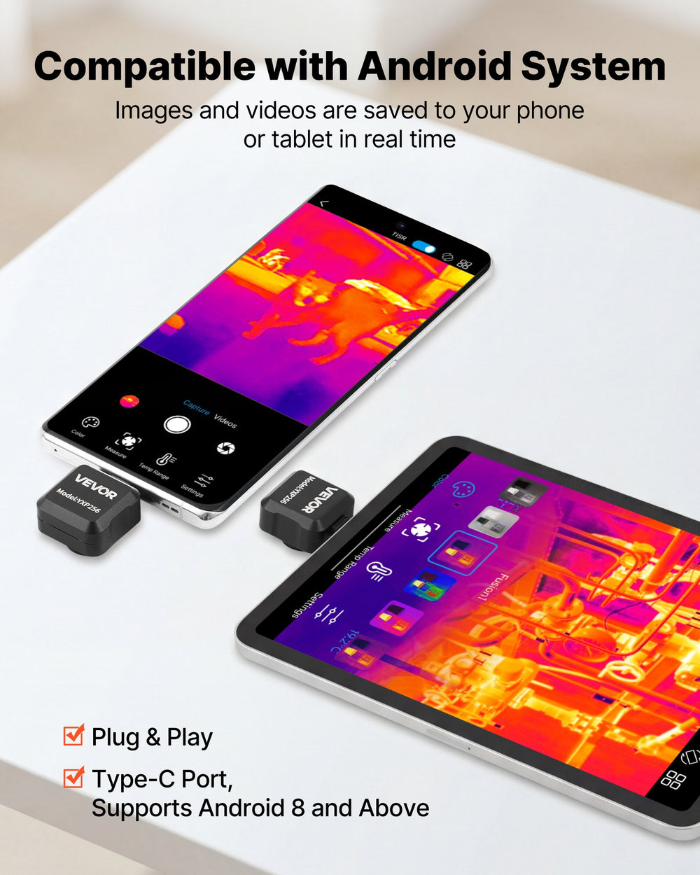 VEVOR Thermal Imaging Camera for Android, 512 x 384 TISR Super Resolution, 25HZ Refresh Rate Infrared Thermal Imager for Smartphone Tablet, 256 x 192 IR Resolution, -4°F to 1022°F & 15 Color Palettes