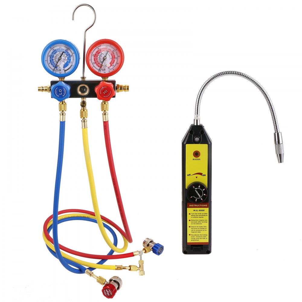 VEVOR 1/4 HP 4.5 CFM AC Vacuum Pump and Gauge Set, Single Stage Rotary Vane HVAC Air Vacuum Pump A/C Refrigerant Kit Manifold Gauge Set, with Three-Color Hose Carry Bag, Applicable to R134a, R410a