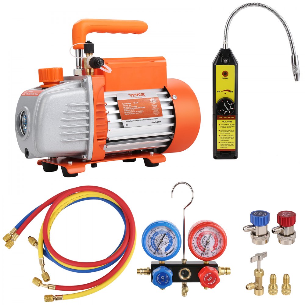 VEVOR 1/4 HP 4.5 CFM AC Vacuum Pump and Gauge Set, Single Stage Rotary Vane HVAC Air Vacuum Pump A/C Refrigerant Kit Manifold Gauge Set, with Three-Color Hose Carry Bag, Applicable to R134a, R410a