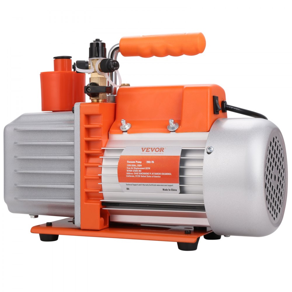 VEVOR 1/3 HP 2 Stage Rotary Vane Vacuum Pump, 5 CFM, 120V Air Conditioning Vacuum Pump, 1/4" SAE Male 3/8" SAE Male 1/2" ACME Male Inlet, for HVAC Repair, Refrigeration Maintenance, Resin Degassing
