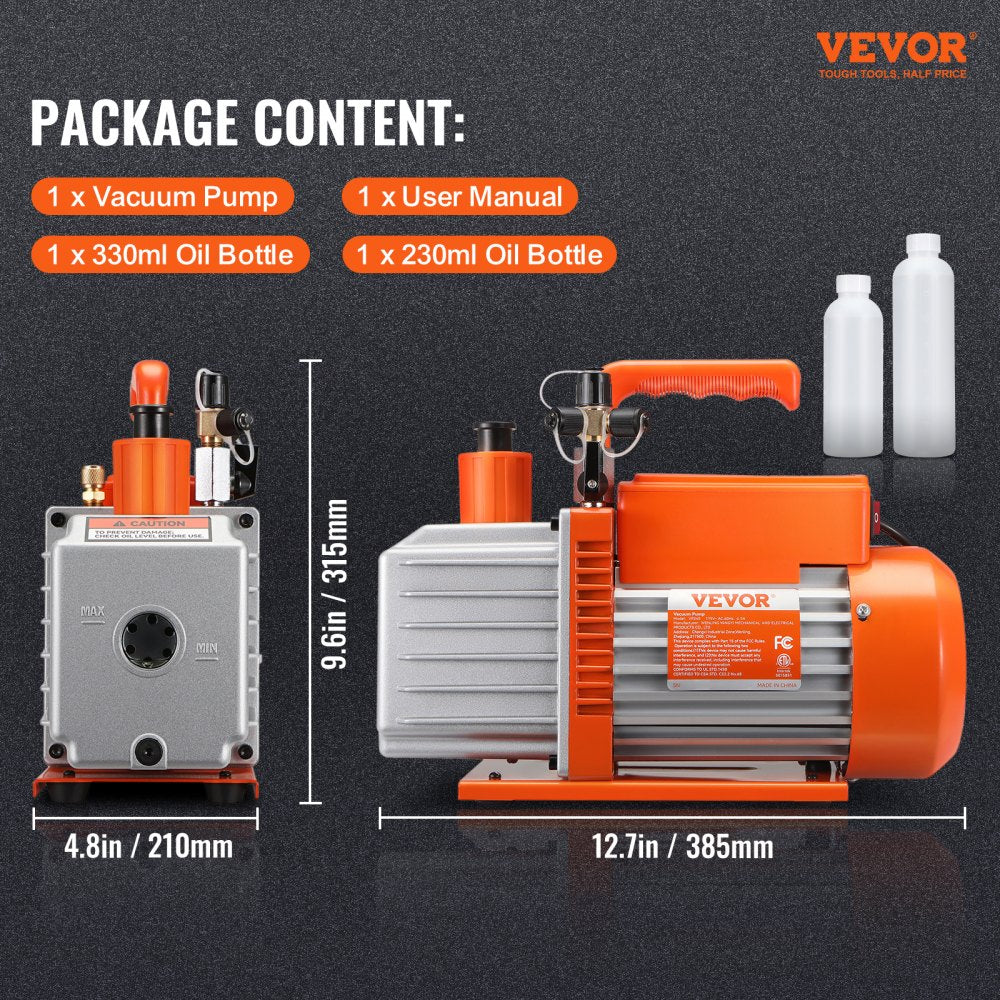 VEVOR 1/2 HP 2 Stage Rotary Vane Vacuum Pump, 5 CFM, 115V Air Conditioning Vacuum Pump, 1/4" SAE Male 3/8" SAE Male 1/2" ACME Male Inlet, for HVAC Repair, Refrigeration Maintenance, Resin Degassing