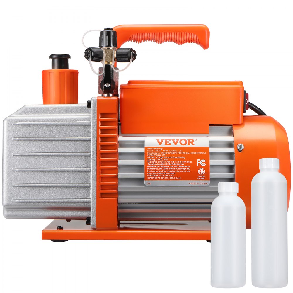 VEVOR 1/2 HP 2 Stage Rotary Vane Vacuum Pump, 5 CFM, 115V Air Conditioning Vacuum Pump, 1/4" SAE Male 3/8" SAE Male 1/2" ACME Male Inlet, for HVAC Repair, Refrigeration Maintenance, Resin Degassing