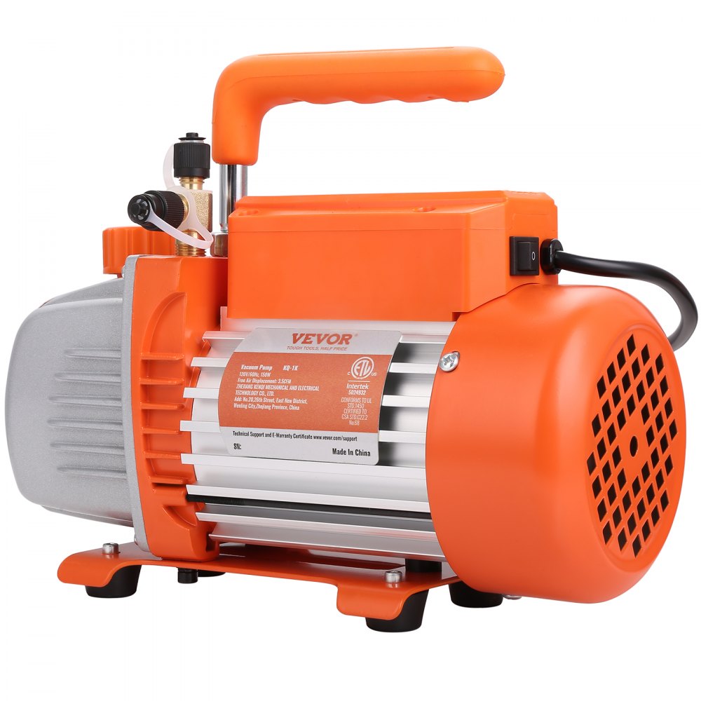 VEVOR 1/5 HP Single Stage Vacuum Pump, 3.5 CFM, 120V AC Air Conditioning Conditioner Vacuum Pump, 1/4" SAE Male 1/2" ACME Male Inlet, for HVAC Repair, Refrigeration Maintenance, Resin Degassing