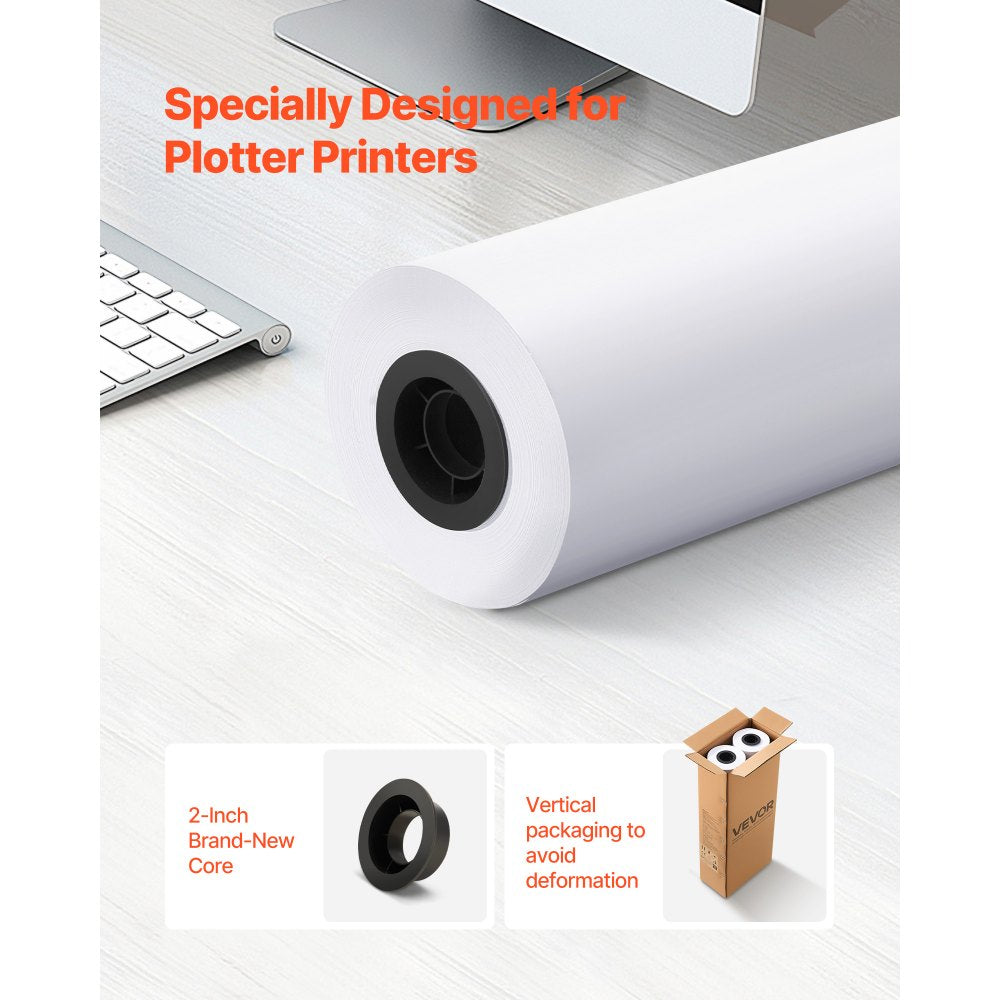 VEVOR Wide Format Paper, 24 in x 300 ft Plotter Roll, 2 Rolls CAD Bond Rolls with 2 in Core, 20 LB Bond Paper Rolls, Ideal for CAD Drawings, Engineering Plans, GIS Maps, and Architectural Designs