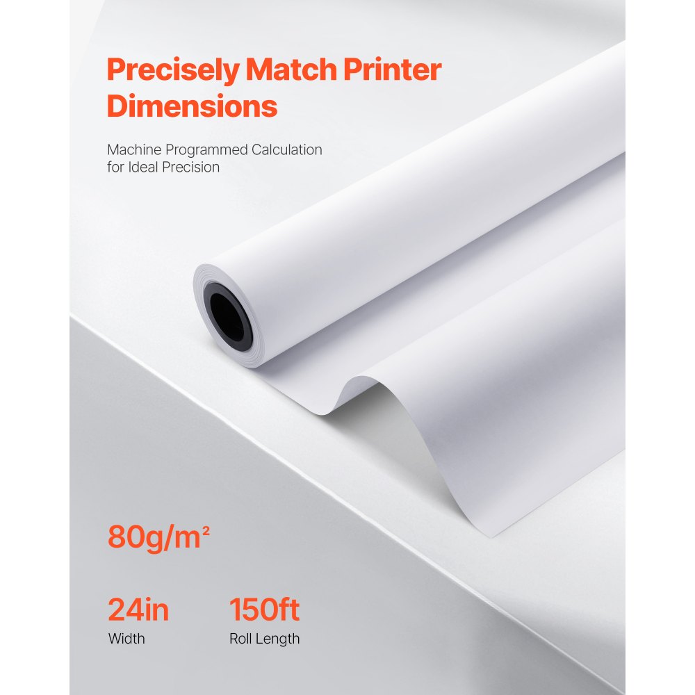 VEVOR Wide Format Paper, 24 in x 150 ft Plotter Roll, 20 Rolls CAD Bond Rolls with 2 in Core, 20 LB Bond Paper Rolls, Ideal for CAD Drawings, Engineering Plans, GIS Maps, and Architectural Designs
