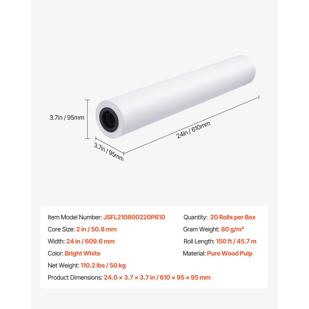 VEVOR Wide Format Paper, 24 in x 150 ft Plotter Roll, 20 Rolls CAD Bond Rolls with 2 in Core, 20 LB Bond Paper Rolls, Ideal for CAD Drawings, Engineering Plans, GIS Maps, and Architectural Designs