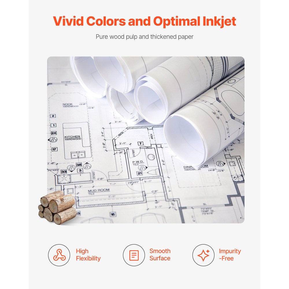 VEVOR Wide Format Paper, 24 in x 150 ft Plotter Roll, 8 Rolls CAD Bond Rolls with 2 in Core, 20 LB Bond Paper Rolls, Ideal for CAD Drawings, Engineering Plans, GIS Maps, and Architectural Designs