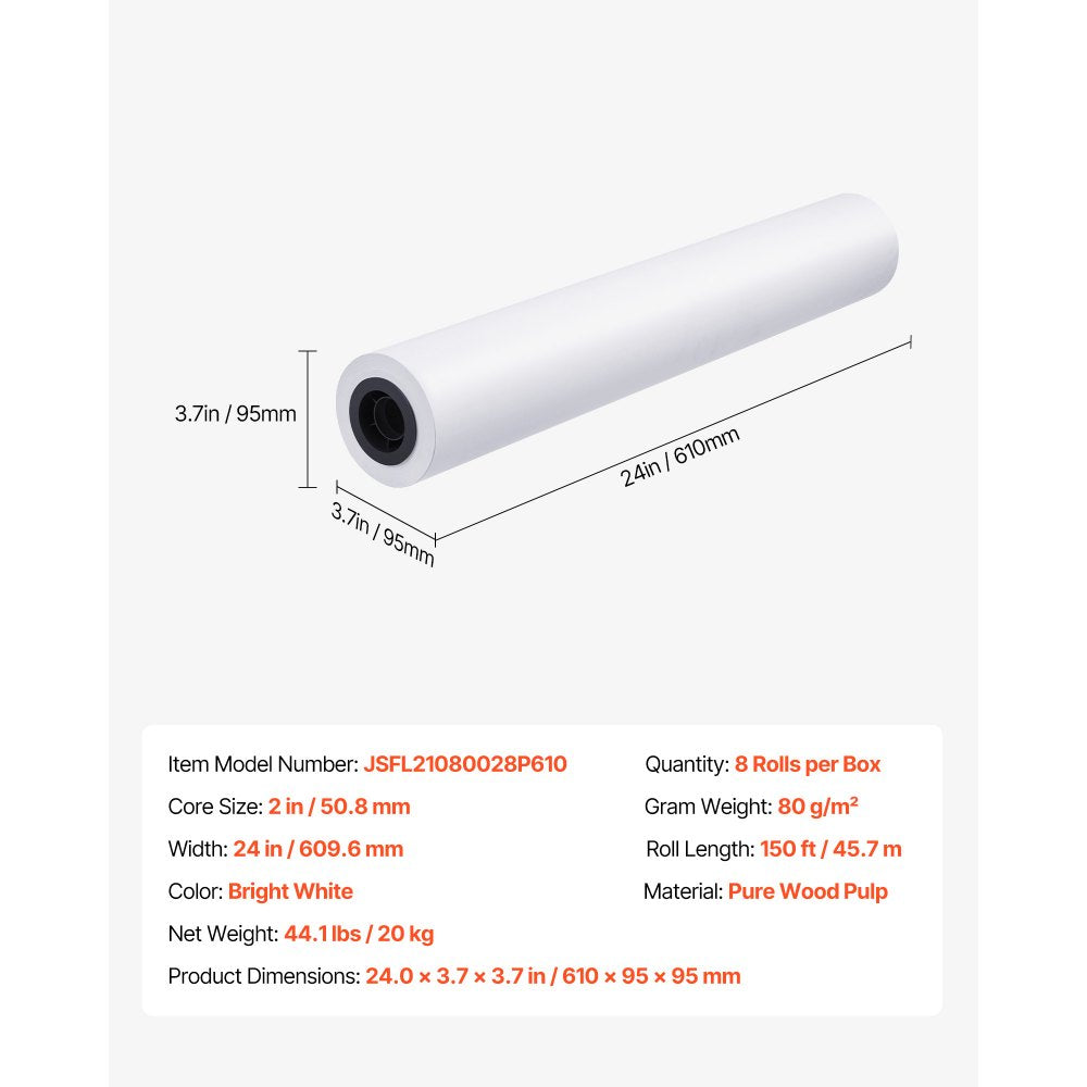 VEVOR Wide Format Paper, 24 in x 150 ft Plotter Roll, 8 Rolls CAD Bond Rolls with 2 in Core, 20 LB Bond Paper Rolls, Ideal for CAD Drawings, Engineering Plans, GIS Maps, and Architectural Designs