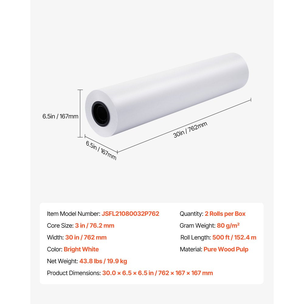 VEVOR Wide Format Paper, 30 in x 500 ft Plotter Roll, 2 Rolls CAD Bond Rolls with 3 in Core, 20 LB Bond Paper Rolls, Ideal for CAD Drawings, Engineering Plans, GIS Maps, and Architectural Designs