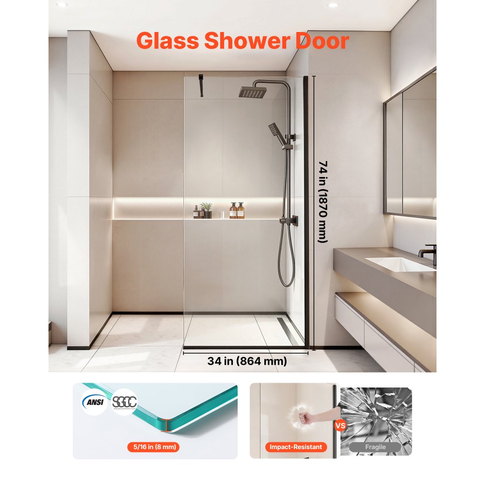 VEVOR Fixed Glass Shower Panel, 34 x 73.6 in Semi-Framed Fixed Shower Screen, 5/16 in Thick Clear Tempered Glass Door with Bottom Seal Strip and Hardware, Easy to Clean, for Bathroom, Matte Black