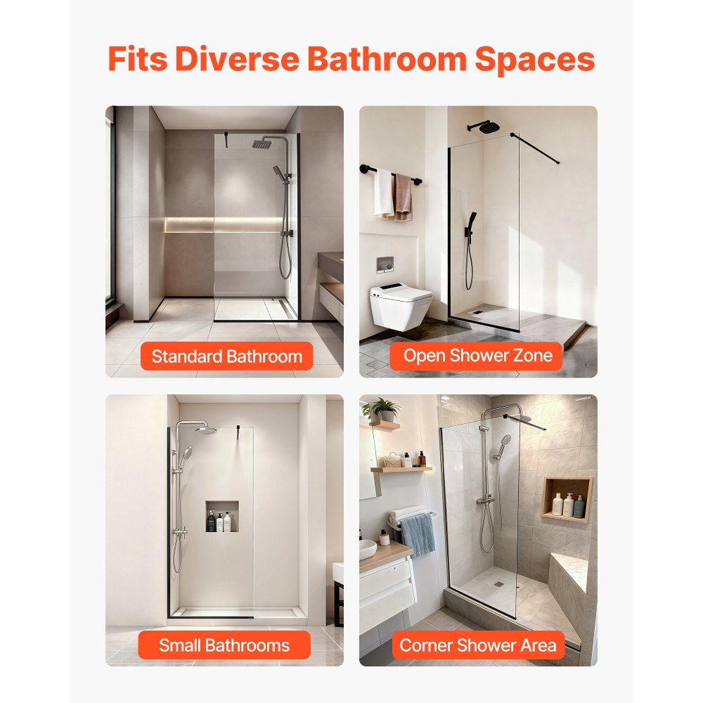 VEVOR Fixed Glass Shower Panel, 34 x 73.6 in Semi-Framed Fixed Shower Screen, 5/16 in Thick Clear Tempered Glass Door with Bottom Seal Strip and Hardware, Easy to Clean, for Bathroom, Matte Black