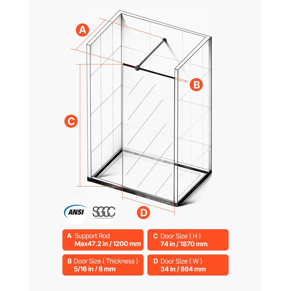 VEVOR Fixed Glass Shower Panel, 34 x 73.6 in Semi-Framed Fixed Shower Screen, 5/16 in Thick Clear Tempered Glass Door with Bottom Seal Strip and Hardware, Easy to Clean, for Bathroom, Matte Black